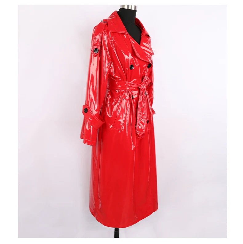 Nerazzurri Long Waterproof Black Patent Leather Trench Coat for Women 2020 Double Breasted Iridescent Oversized Leather Coat 7XL