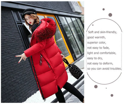 2024 Women's Down Parkas Winter Jacket Big Fur Collar Thick Slim Coat Fashion Hooded Cotton Outerwear Long Winter Woman Coat