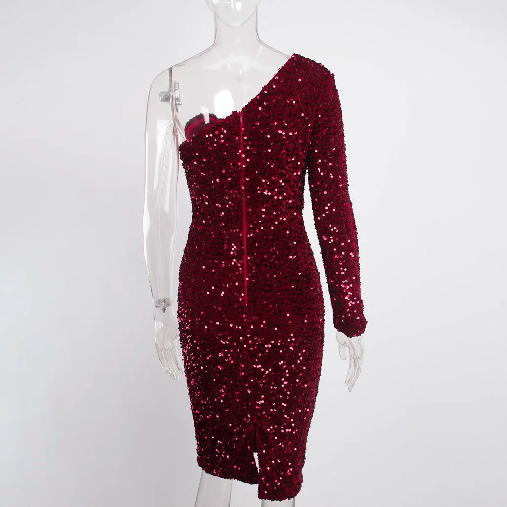 Black Stretch Sparkles Sequined One Sleeve Bodycon Party Dress Padded Knee Length Sexy Night Club Midi Dress Burgundy