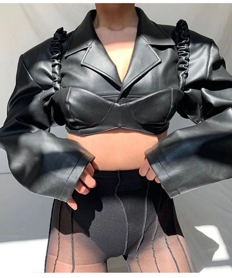 Lautaro Spring Autumn Short Black Light Faux Leather Jacket Women Long Sleeve Lapel Runway Stylish Sexy Fashion 2021 Cropped Top