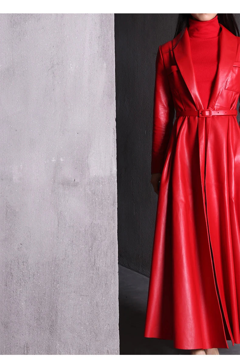Nerazzurri High Quality Red Black Maxi Pu Leather Trench Coat for Women Extra Long Skirted Elegant Overcoat Fashion 5xl 6xl 7xl