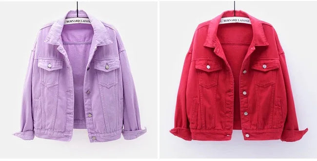 Solid Short Women's Denim Coat Spring Autumn Female Loose Jeans Jacket Purple Student Casual Outwear White Pink Yellow Red Black