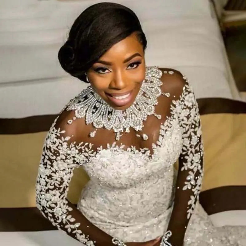 Luxury African White Mermaid Wedding Dresses Arabic Customized Lace Bridal Gowns Pearls Long Sleeve Wedding Dress Robe De Mariee