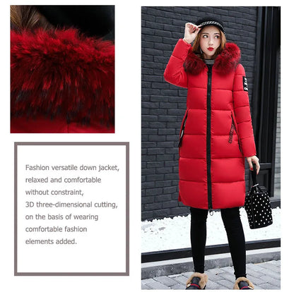 2024 Women's Down Parkas Winter Jacket Big Fur Collar Thick Slim Coat Fashion Hooded Cotton Outerwear Long Winter Woman Coat