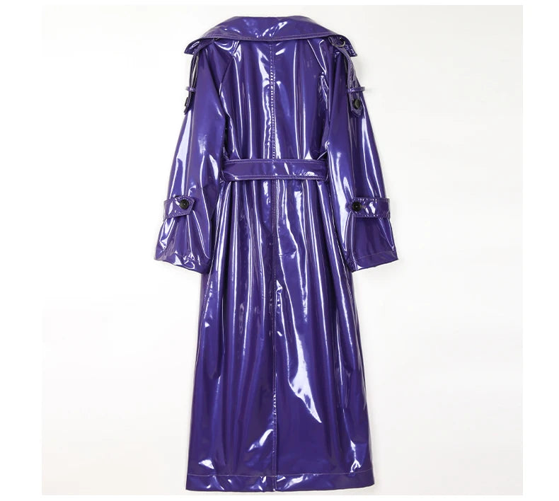 Nerazzurri Long Waterproof Black Patent Leather Trench Coat for Women 2020 Double Breasted Iridescent Oversized Leather Coat 7XL