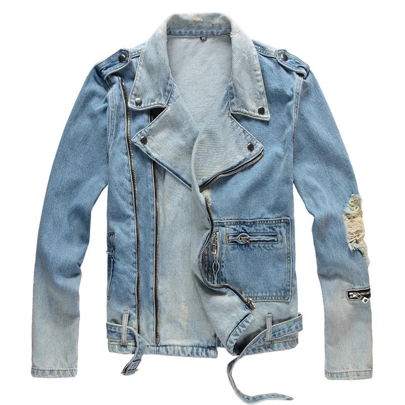 Sokotoo Men's Holes Ripped Blue Jean Biker Jacket for Motorcycle Streetwear Zippers Turn Down Collar Denim Coat Outerwear