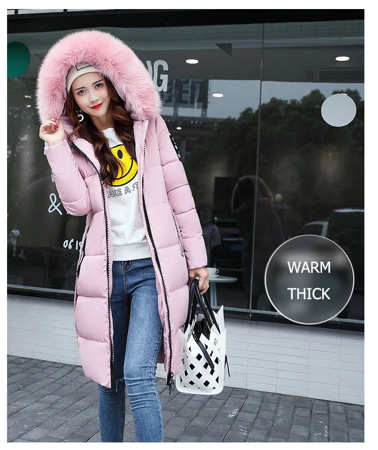 2024 Women's Down Parkas Winter Jacket Big Fur Collar Thick Slim Coat Fashion Hooded Cotton Outerwear Long Winter Woman Coat