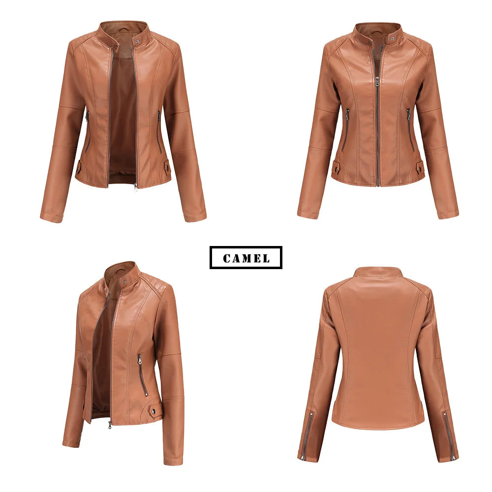 Faux Leather Jacket Women 2026 Autumn Spring Women's Moto Biker Jacket Red Black Coat Brown Purple Blue 3xl 4xl Coffee XS Beige