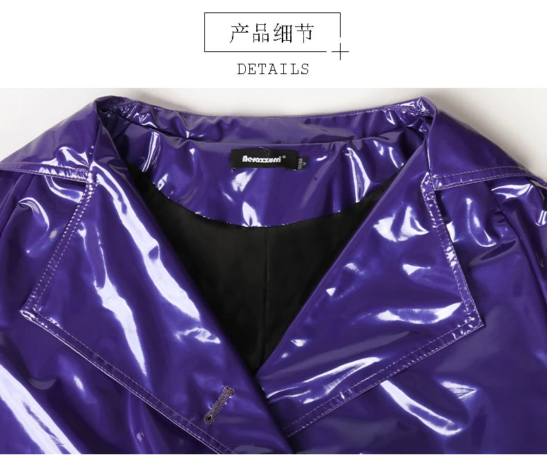 Nerazzurri Long Waterproof Black Patent Leather Trench Coat for Women 2020 Double Breasted Iridescent Oversized Leather Coat 7XL