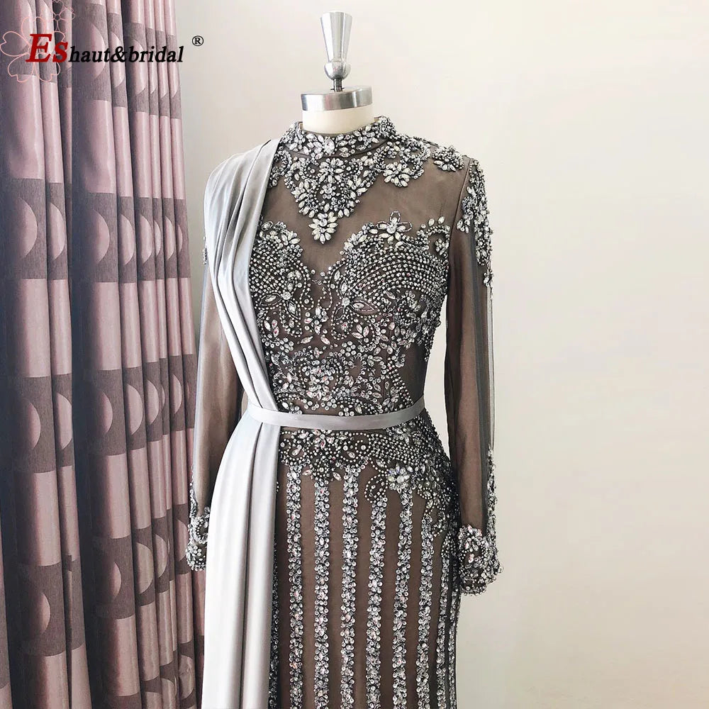 Elegant Muslim Wedding Evening Dress for Women 2026 Crystal High Neck Long Sleeves Mermaid Formal Prom Party Gowns Customized