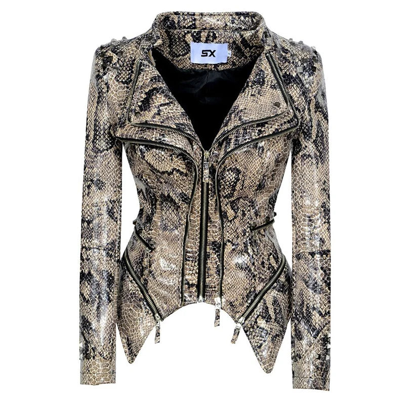 Snake Skin Print PU Women's Winter Jacket Stand Collar Zipper ClothesFashion Casual Pattern Coats Faux Leather Motocycle Top