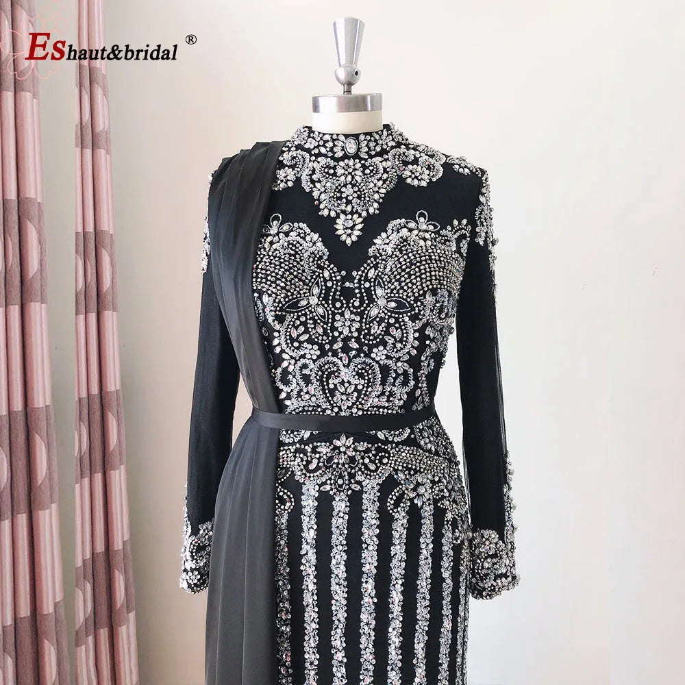 Elegant Muslim Wedding Evening Dress for Women 2026 Crystal High Neck Long Sleeves Mermaid Formal Prom Party Gowns Customized