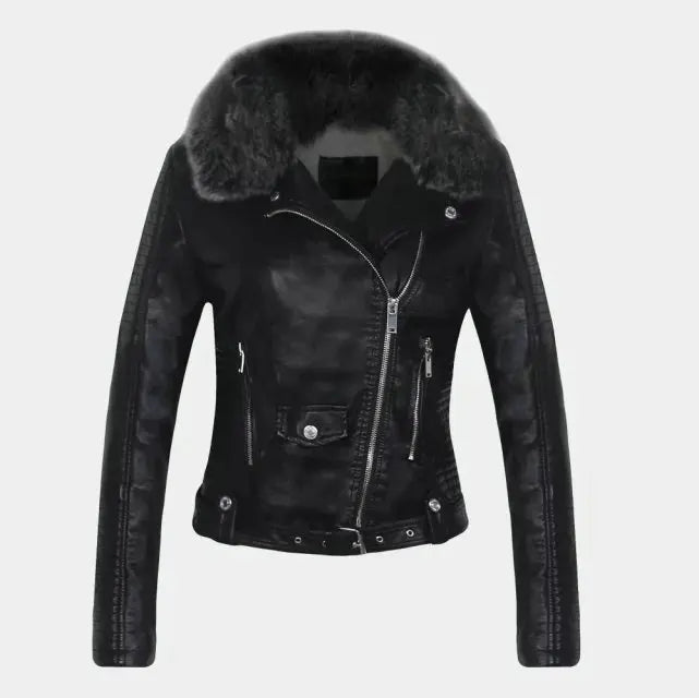 2026 Hot Fashion Women New Winter Warm Faux Leather Jackets with Fur Collar Belt Ladies Thick Black Moto & Biker Outerwear Coats