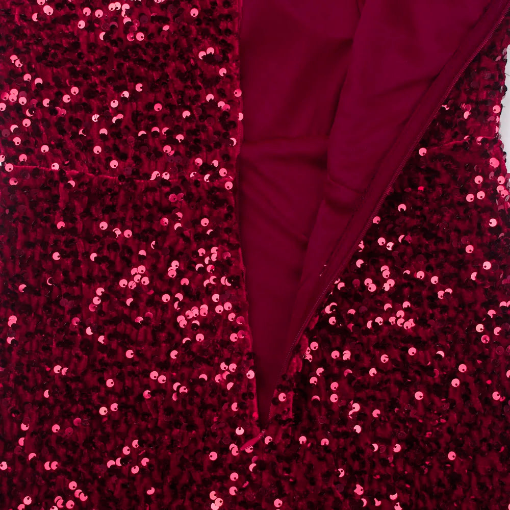 Black Stretch Sparkles Sequined One Sleeve Bodycon Party Dress Padded Knee Length Sexy Night Club Midi Dress Burgundy