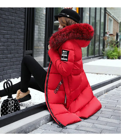 2024 Women's Down Parkas Winter Jacket Big Fur Collar Thick Slim Coat Fashion Hooded Cotton Outerwear Long Winter Woman Coat