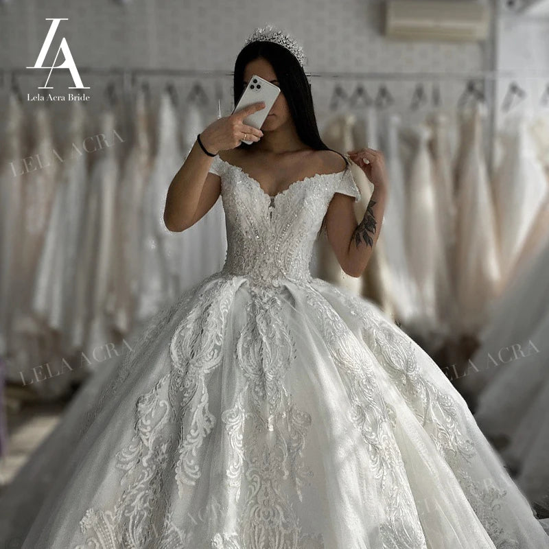 Luxury Sleeveless Wedding Dress Appliques Beaded Ball Gown Bridal Princess LelaAcra LI46 Customized Party Vestido De Novia