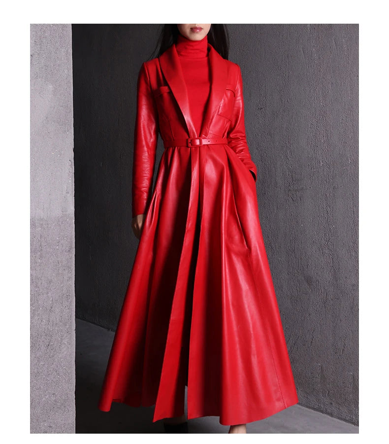 Nerazzurri High Quality Red Black Maxi Pu Leather Trench Coat for Women Extra Long Skirted Elegant Overcoat Fashion 5xl 6xl 7xl