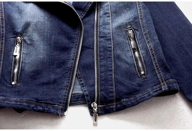 Short Zipper Stretch Denim Jacket Women Slim Vintage Spring Autumn Lady Long-sleeved Motorcycle Coat Casual Female Jean Outwear