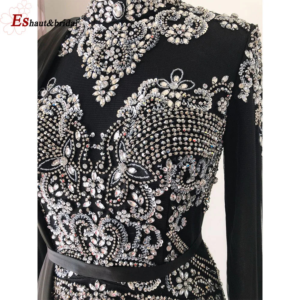 Elegant Muslim Wedding Evening Dress for Women 2026 Crystal High Neck Long Sleeves Mermaid Formal Prom Party Gowns Customized