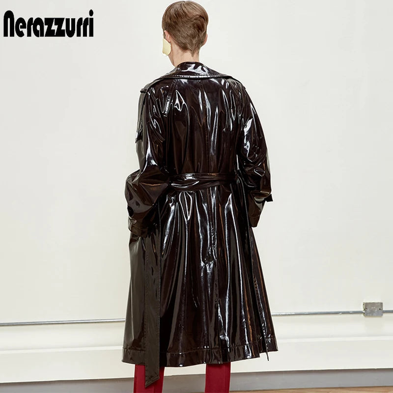 Nerazzurri Long Waterproof Black Patent Leather Trench Coat for Women 2020 Double Breasted Iridescent Oversized Leather Coat 7XL