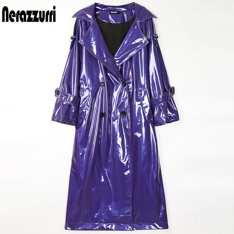 Nerazzurri Long Waterproof Black Patent Leather Trench Coat for Women 2020 Double Breasted Iridescent Oversized Leather Coat 7XL