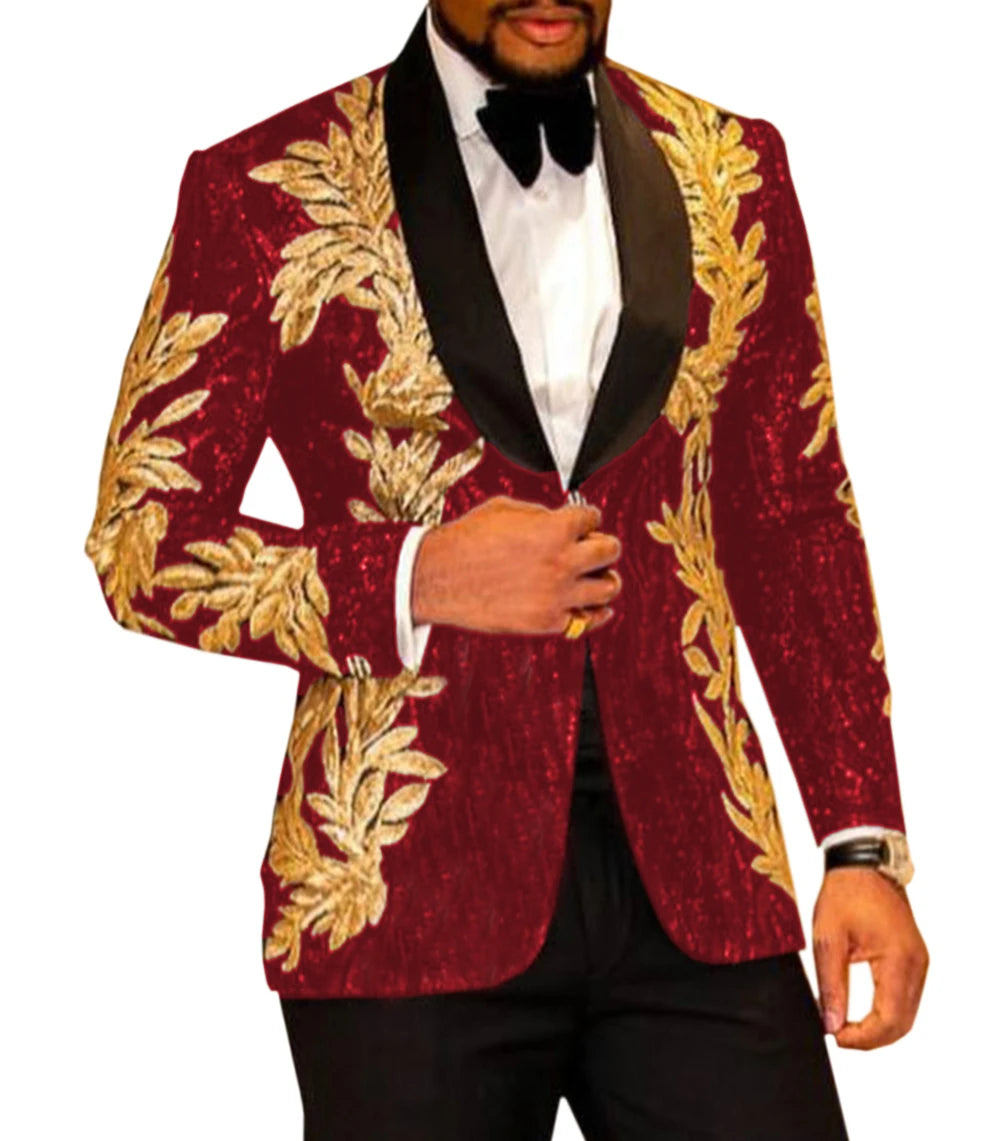 2 Pieces Slim Fit Men's Shiny Sequins Gold Applique Suits Prom Tuxedos Grooms Jacket For Wedding Party Suits Set  Blazer+Pants