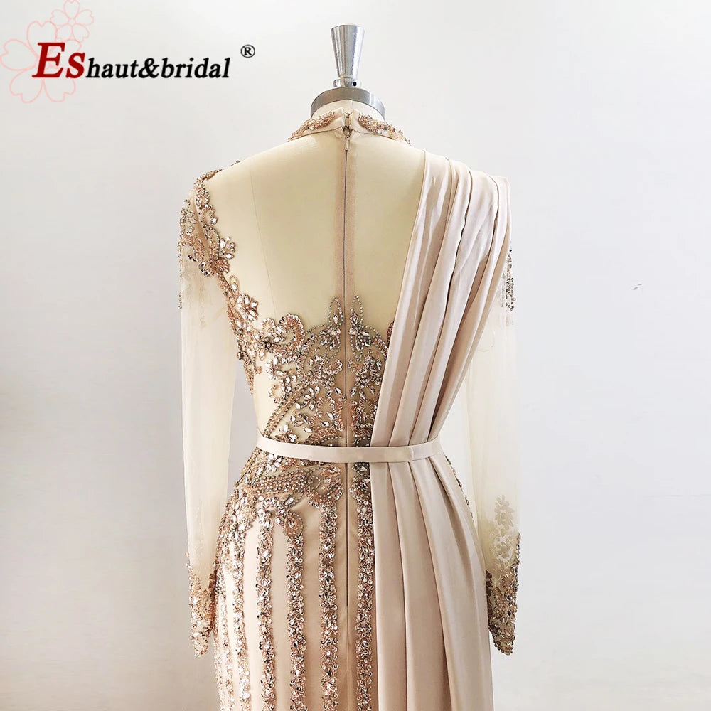 Elegant Muslim Wedding Evening Dress for Women 2026 Crystal High Neck Long Sleeves Mermaid Formal Prom Party Gowns Customized