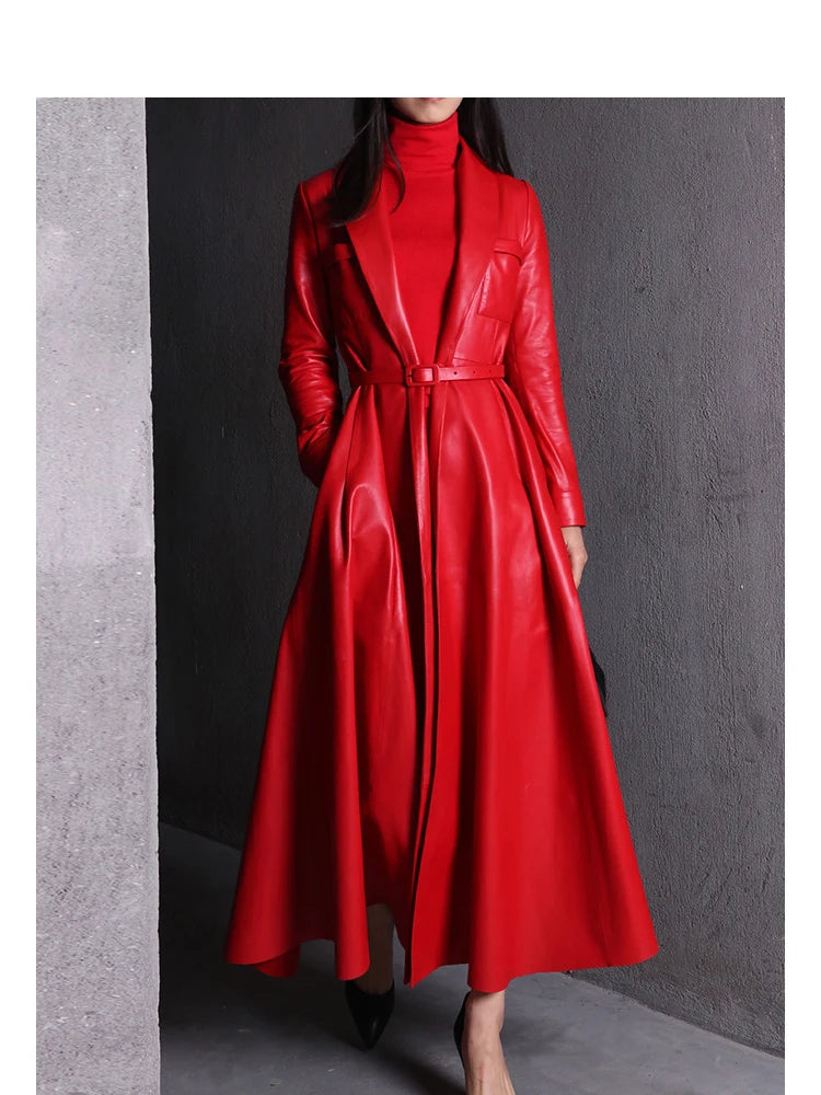 Nerazzurri High Quality Red Black Maxi Pu Leather Trench Coat for Women Extra Long Skirted Elegant Overcoat Fashion 5xl 6xl 7xl