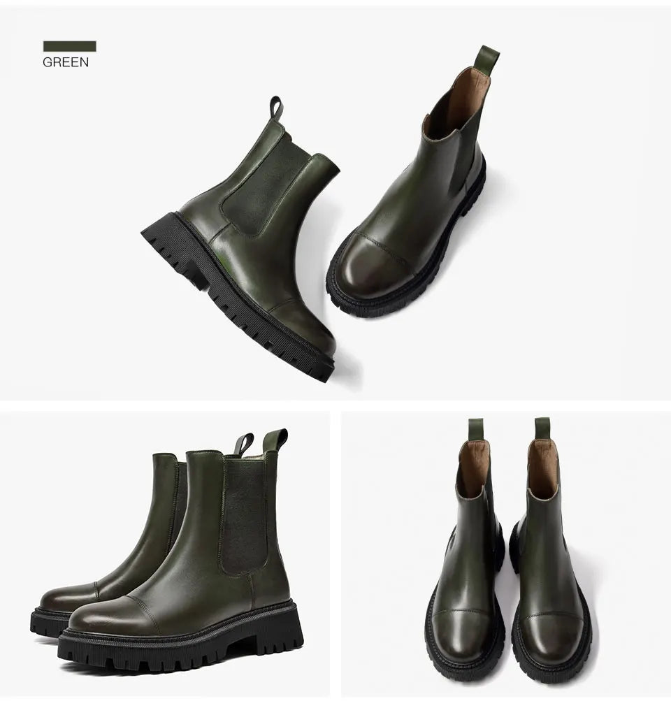 BeauToday Chelsea Women's Genuine Leather Boots Platform Round Toe Elastic Band Thick Sole Ladies Shoes Handmade 02379S