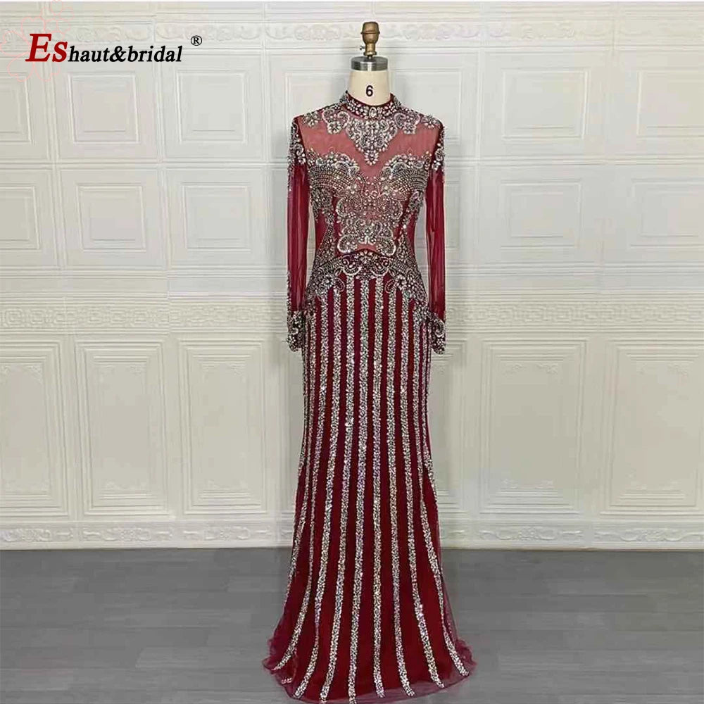 Elegant Muslim Wedding Evening Dress for Women 2026 Crystal High Neck Long Sleeves Mermaid Formal Prom Party Gowns Customized