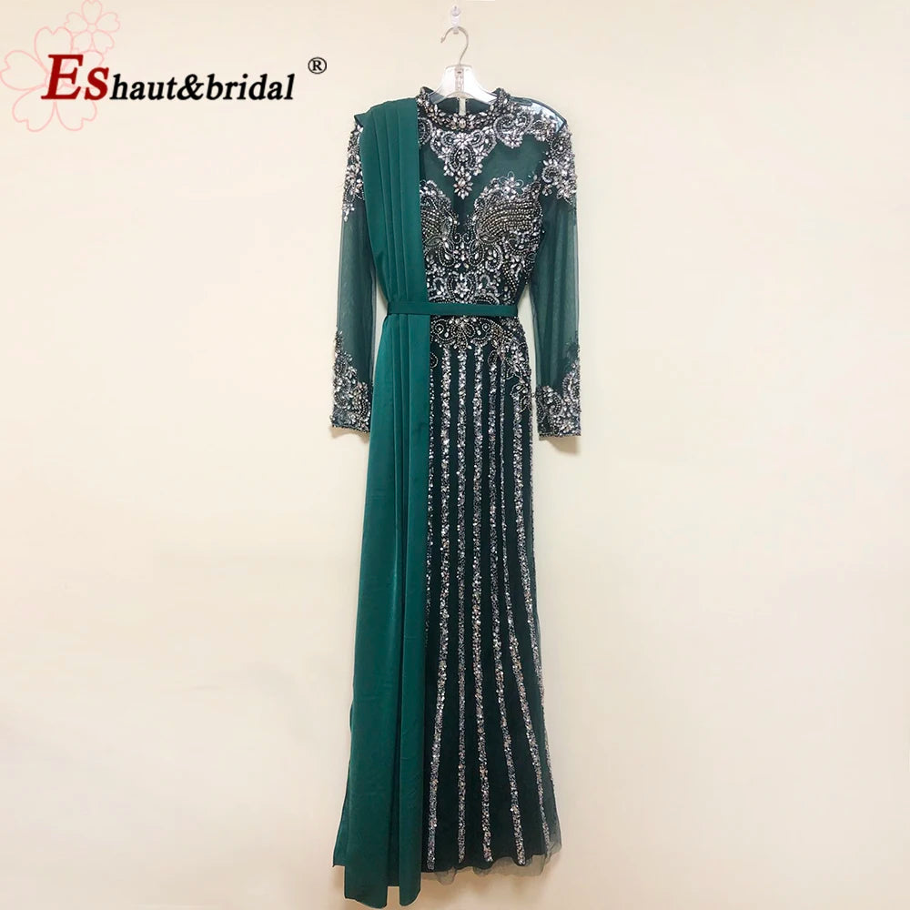Elegant Muslim Wedding Evening Dress for Women 2026 Crystal High Neck Long Sleeves Mermaid Formal Prom Party Gowns Customized