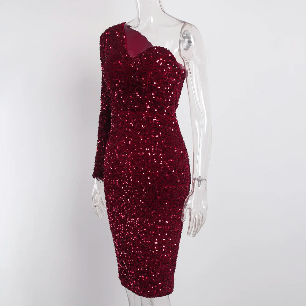 Black Stretch Sparkles Sequined One Sleeve Bodycon Party Dress Padded Knee Length Sexy Night Club Midi Dress Burgundy