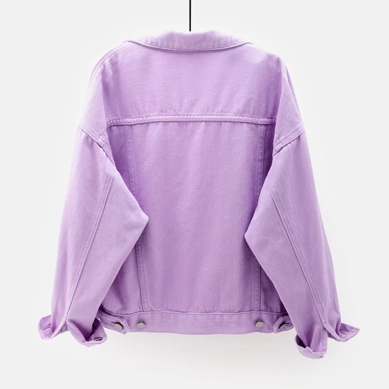Solid Short Women's Denim Coat Spring Autumn Female Loose Jeans Jacket Purple Student Casual Outwear White Pink Yellow Red Black