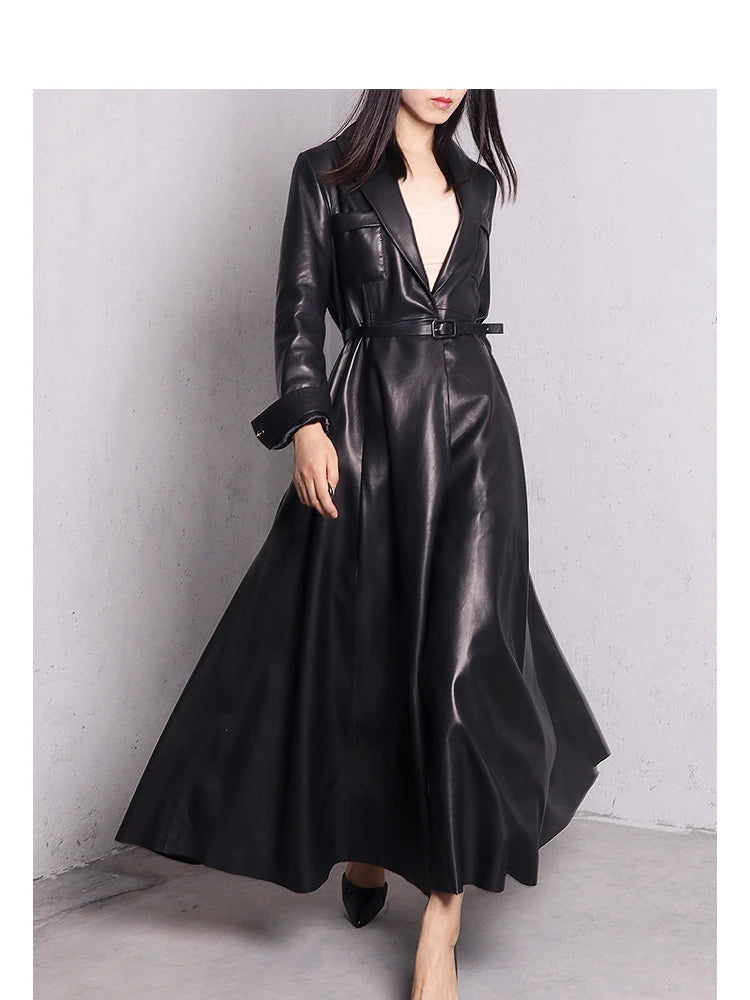 Nerazzurri High Quality Red Black Maxi Pu Leather Trench Coat for Women Extra Long Skirted Elegant Overcoat Fashion 5xl 6xl 7xl