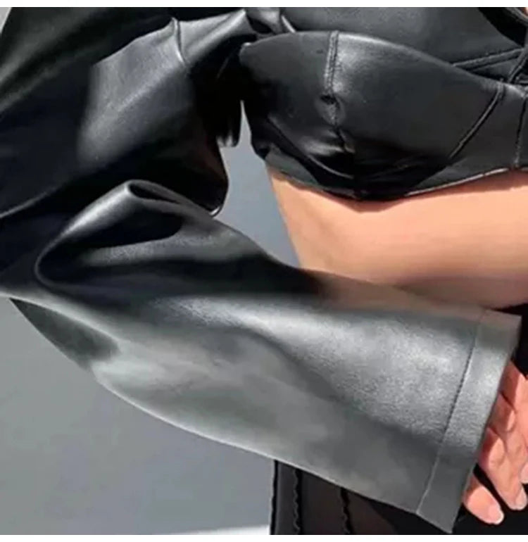 Lautaro Spring Autumn Short Black Light Faux Leather Jacket Women Long Sleeve Lapel Runway Stylish Sexy Fashion 2021 Cropped Top
