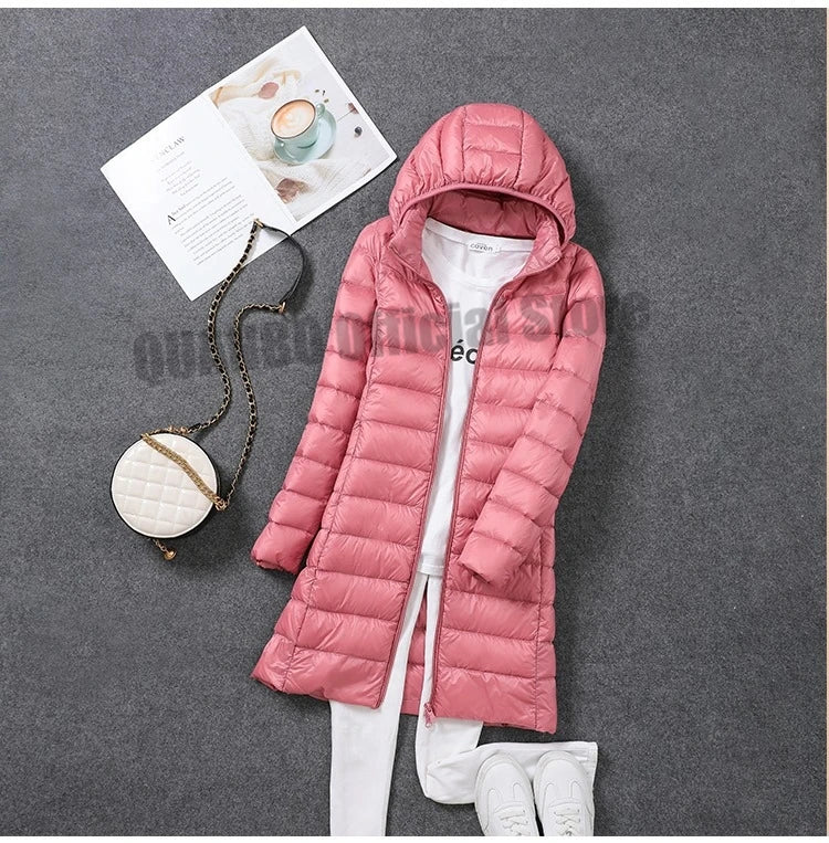 2023 Women Autumn Winter Ultralight Thin Packable Down Long Jacket  Female Hat Detachable Slim Fit Skirt Coat Portable Outwear