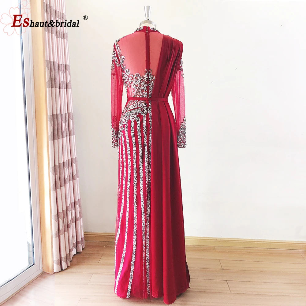 Elegant Muslim Wedding Evening Dress for Women 2026 Crystal High Neck Long Sleeves Mermaid Formal Prom Party Gowns Customized