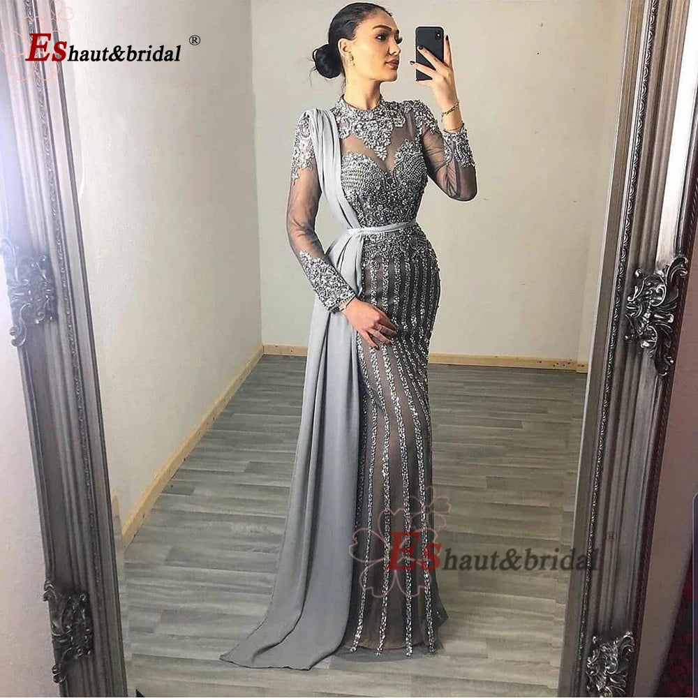 Elegant Muslim Wedding Evening Dress for Women 2026 Crystal High Neck Long Sleeves Mermaid Formal Prom Party Gowns Customized