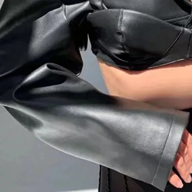 Lautaro Spring Autumn Short Black Light Faux Leather Jacket Women Long Sleeve Lapel Runway Stylish Sexy Fashion 2021 Cropped Top