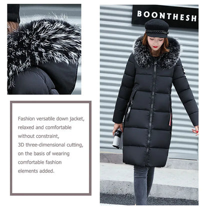 2024 Women's Down Parkas Winter Jacket Big Fur Collar Thick Slim Coat Fashion Hooded Cotton Outerwear Long Winter Woman Coat