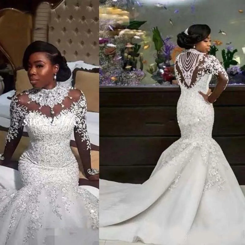 Luxury African White Mermaid Wedding Dresses Arabic Customized Lace Bridal Gowns Pearls Long Sleeve Wedding Dress Robe De Mariee