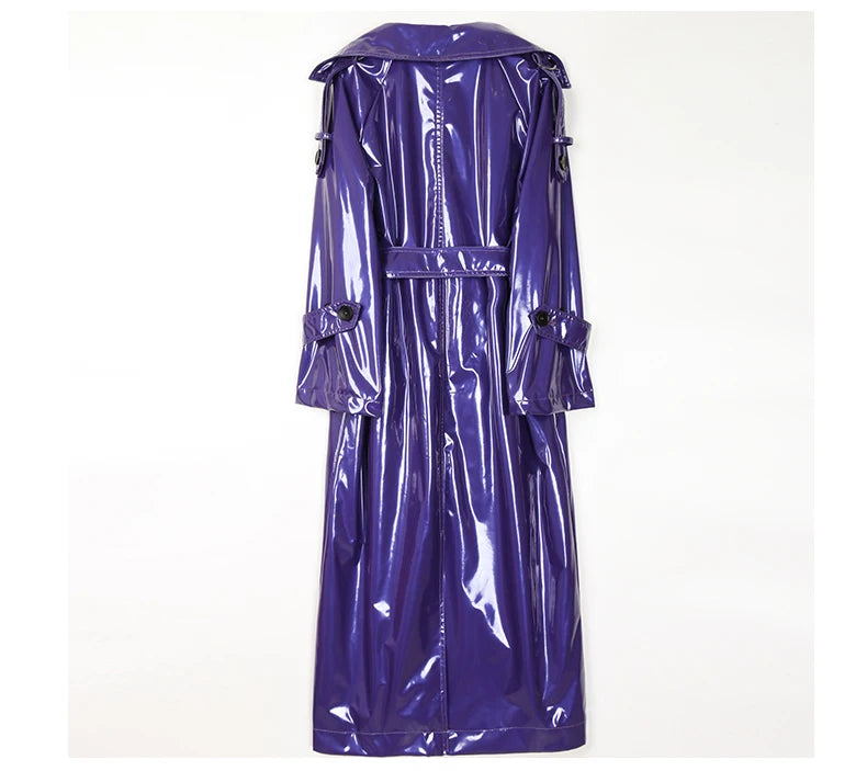 Nerazzurri Long Waterproof Black Patent Leather Trench Coat for Women 2020 Double Breasted Iridescent Oversized Leather Coat 7XL
