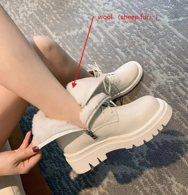 Krazing Pot Wool Winter Keep Warm Snow Boots Full Grain Leather Round Toe High Heels Sheep Fur Lace Up Plus Size Ankle Boots L05