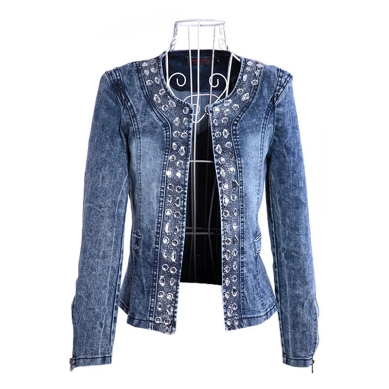 Elegant Diamonds Denim Jackets Women Vintage Jeans Jacket Ladies Spring Autumn Outerwear Slim Casual Denim Coats