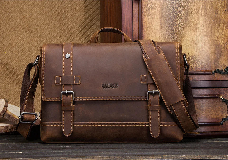 CONTACT'S crazy horse genuine leather men's bag vintage man shoulder bags for laptop messenger bags male bolsa crossbody handbag