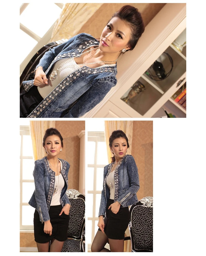 Elegant Diamonds Denim Jackets Women Vintage Jeans Jacket Ladies Spring Autumn Outerwear Slim Casual Denim Coats