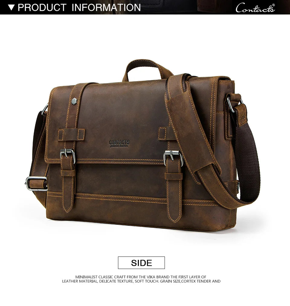 CONTACT'S crazy horse genuine leather men's bag vintage man shoulder bags for laptop messenger bags male bolsa crossbody handbag