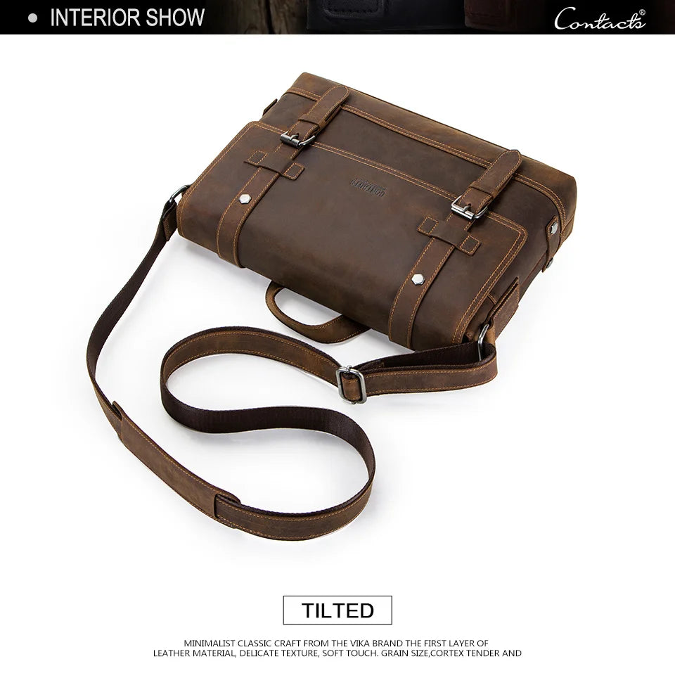 CONTACT'S crazy horse genuine leather men's bag vintage man shoulder bags for laptop messenger bags male bolsa crossbody handbag