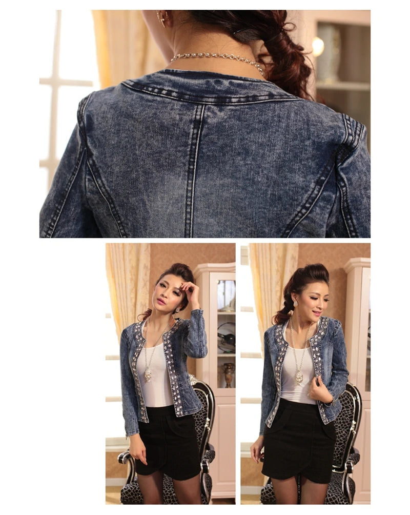 Elegant Diamonds Denim Jackets Women Vintage Jeans Jacket Ladies Spring Autumn Outerwear Slim Casual Denim Coats