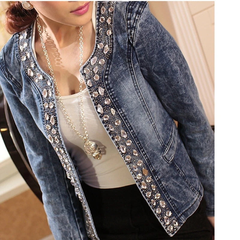 Elegant Diamonds Denim Jackets Women Vintage Jeans Jacket Ladies Spring Autumn Outerwear Slim Casual Denim Coats